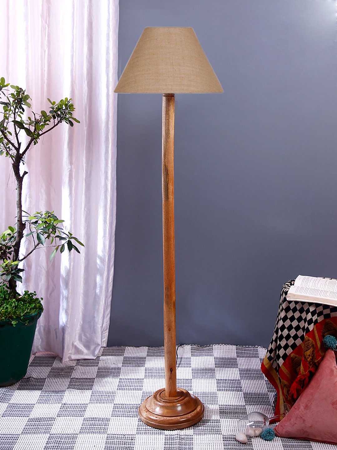 Ambika Home Beige Shade Wooden Floor Lamp for Living Room, Bedroom & Hallway | Premium Wood Standing Lamp | E27 Holder Included Bulb - Image 2