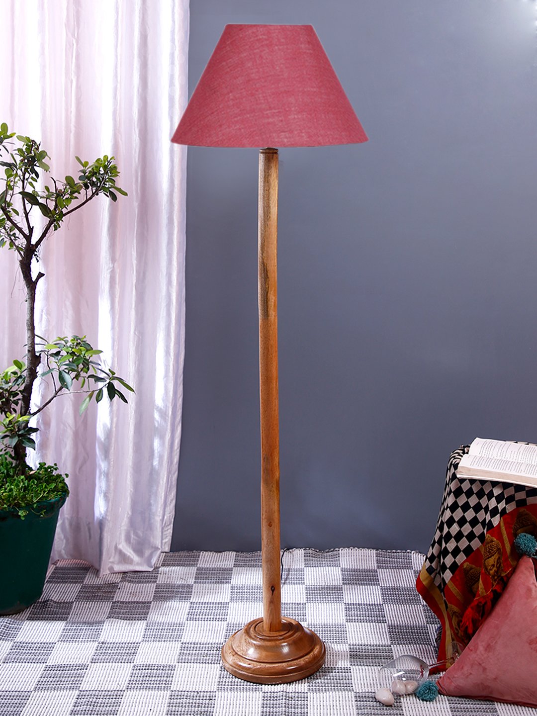 Ambika Home Pink Shade Wooden Floor Lamp for Living Room, Bedroom & Hallway | Premium Wood Standing Lamp | E27 Holder Included Bulb - Image 2