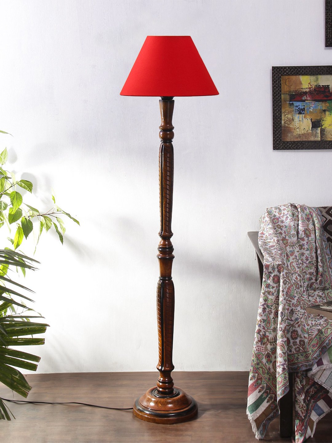 Ambika Home Conical Elegant Premium Red Cotton Solid Wood Floor Lamp for Modern Living Room | Handcrafted Wood Floor Lamp with Red Cotton Shade for Living Room, Bedroom & Home Decor - Image 3