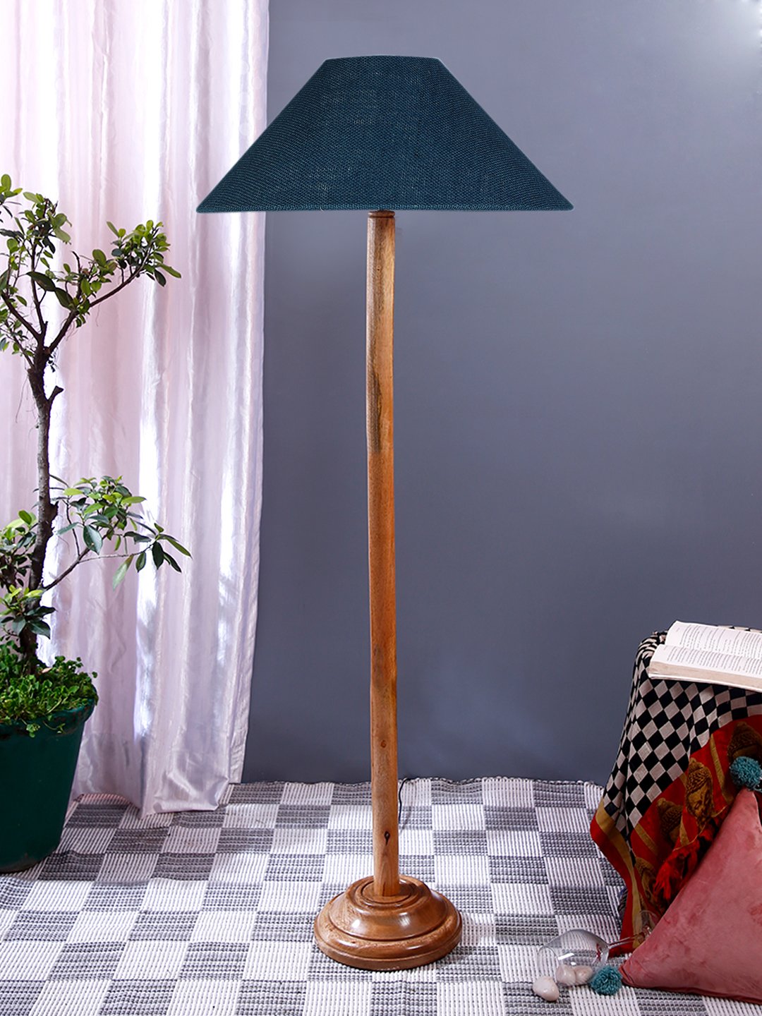 Ambika Home Blue Shade Wooden Floor Lamp for Living Room, Bedroom & Hallway | Premium Wood Standing Lamp | E27 Holder Included Bulb - Image 2