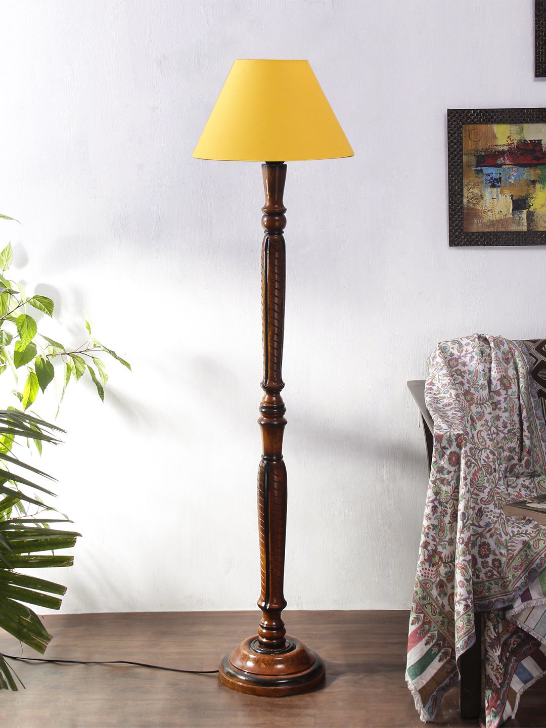 Ambika Home Conical Sophisticated Yellow Cotton Solid Wood Floor Lamp for Living Room & Lounge | Handcrafted Wood Floor Lamp with Yellow Cotton Shade for Living Room, Bedroom & Home Decor - Image 3