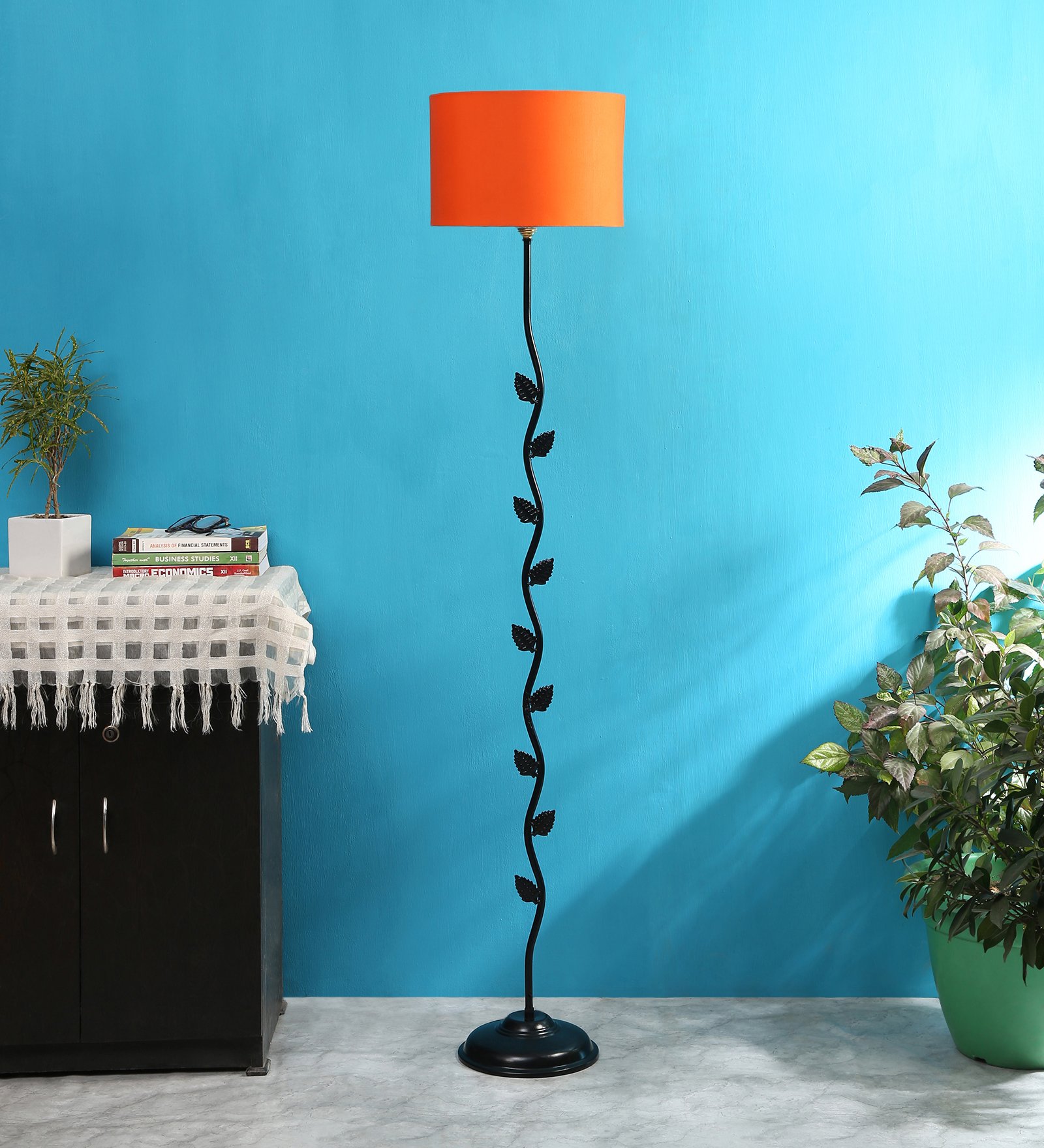 Ambika Home Iron Leaf Floor Lamp with Orange Drum Shade, Powder Coated Metal Standing Lamp for Hotel Lobby, Living Room & Luxury Interiors - Image 2