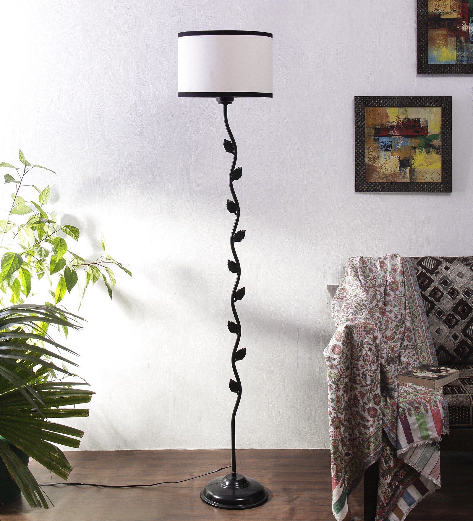 Ambika Home Iron Leaf Floor Lamp with White & Black Drum Shade, Powder Coated Metal Standing Lamp for Bedroom, Guest Room & Luxury Interiors - Image 2
