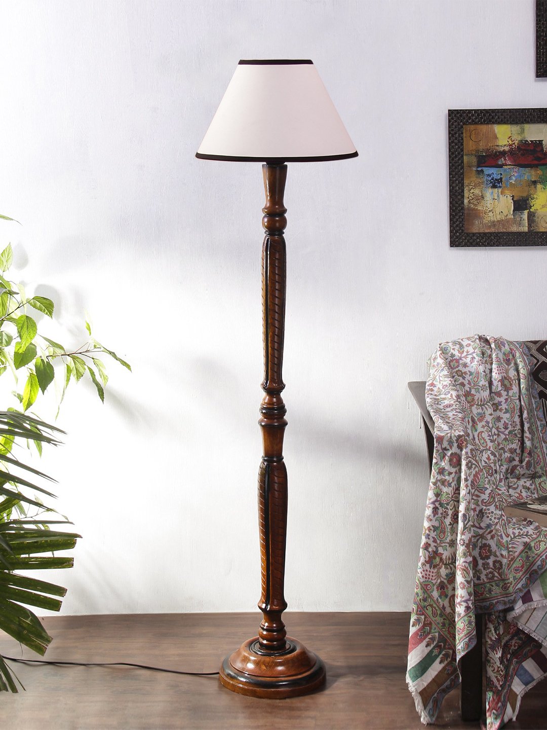 Ambika Home Conical Soft Glow White & Black Cotton Premium Wood Floor Lamp for Bedroom & Living Room | Handcrafted Wood Floor Lamp with White Cotton Shade for Living Room, Bedroom & Home Decor - Image 3