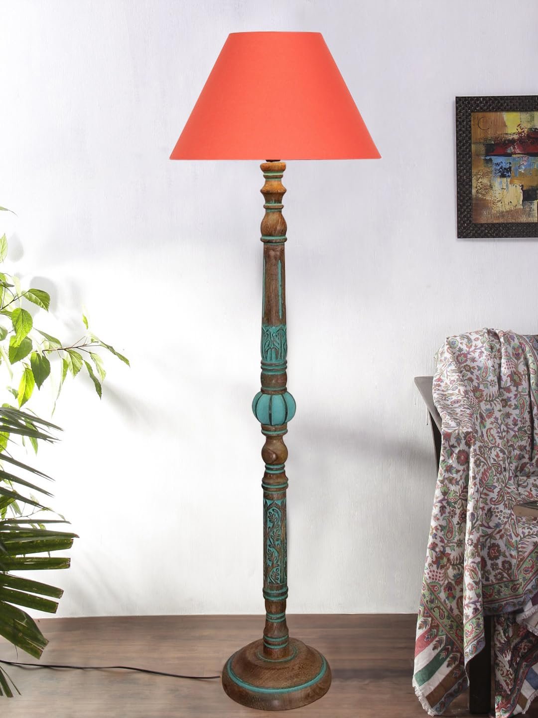 Ambika Home ORANGE Shade Wooden Floor Lamp for Living Room, Bedroom & Hallway | Modern Wood Standing Lamp | B22 Holder | Hotel & Guest Room Decor - Image 2