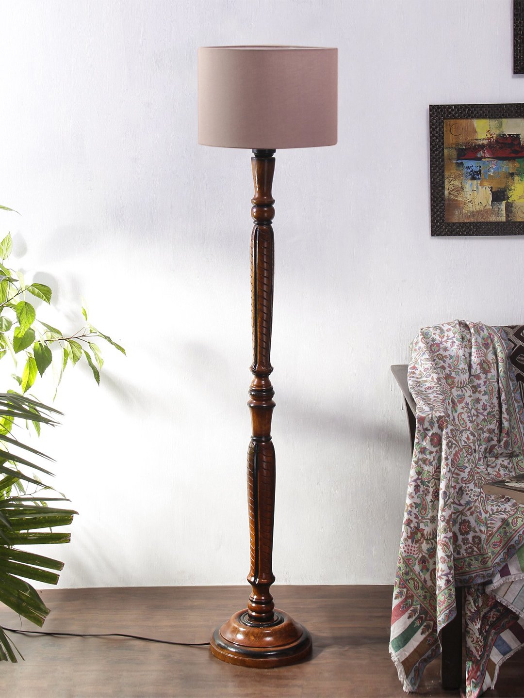 Ambika Home Premium Grey Cotton Designer Wooden Floor Lamp for Elegant Interiors | Handcrafted Wood Floor Lamp with Grey Cotton Shade for Living Room, Bedroom & Home Decor - Image 3
