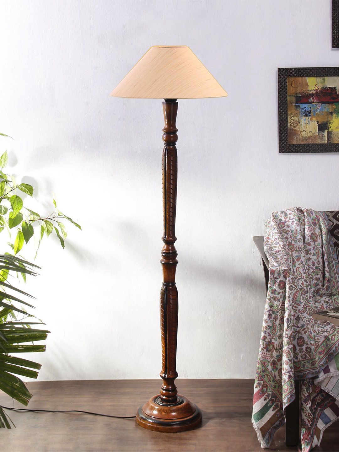 Ambika Home Premium Coolie Black Cotton Jute Designer Wooden Floor Lamp for Elegant Interiors | Handcrafted Wood Floor Lamp with Black cotton Shade for Living Room, Bedroom & Home Decor - Image 3
