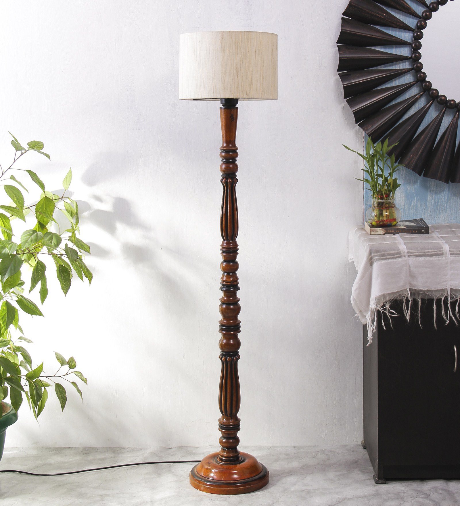 Ambika Home Premium Solid Wood Off-White Cotton Floor Lamp for Elegant Living Room & Bedroom | Handcrafted Wood Floor Lamp with Off-white Cotton Shade for Living Room, Bedroom & Home Decor - Image 3