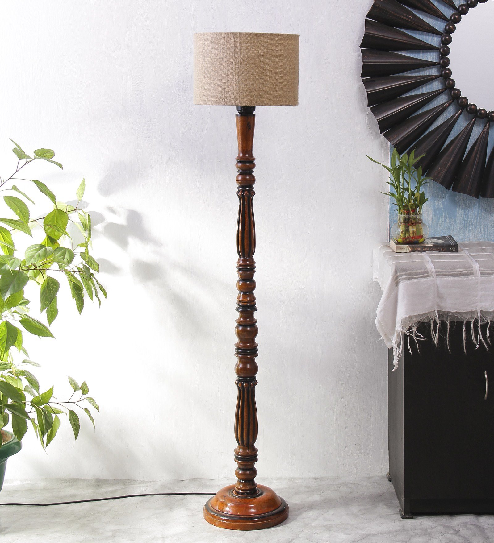 Ambika Home Luxury Beige Jute Handcrafted Wooden Floor Lamp for Home Décor | Handcrafted Wood Floor Lamp with Beige Jute Shade for Living Room, Bedroom & Home Decor - Image 3