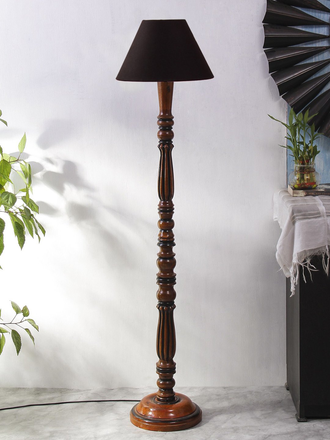 Ambika Home Conical Luxury Handcrafted Black Cotton Wooden Floor Lamp for Living Room & Reading Corner | Handcrafted Wood Floor Lamp with Black Cotton Shade for Living Room, Bedroom & Home Decor - Image 3