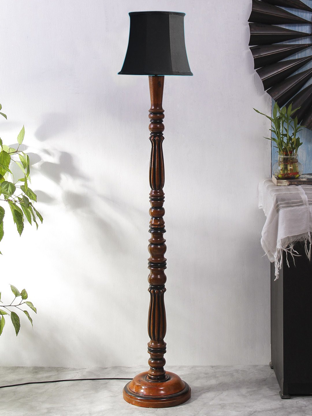 Ambika Home Premium Solid Wood Cylindrical Black Cotton Floor Lamp for Elegant Living Room & Bedroom | Handcrafted Wood Floor Lamp with Off-white Cotton Shade for Living Room, Bedroom & Home Decor - Image 3