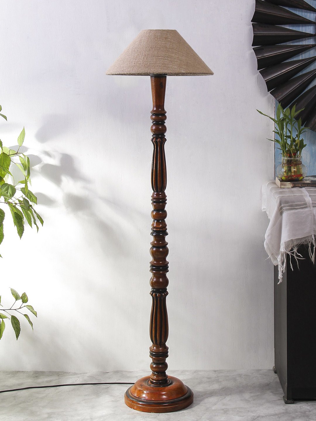 Ambika Home Premium Coolie off-white Cotton Designer Wooden Floor Lamp for Elegant Interiors | Handcrafted Wood Floor Lamp with Black cotton Shade for Living Room, Bedroom & Home Decor - Image 3