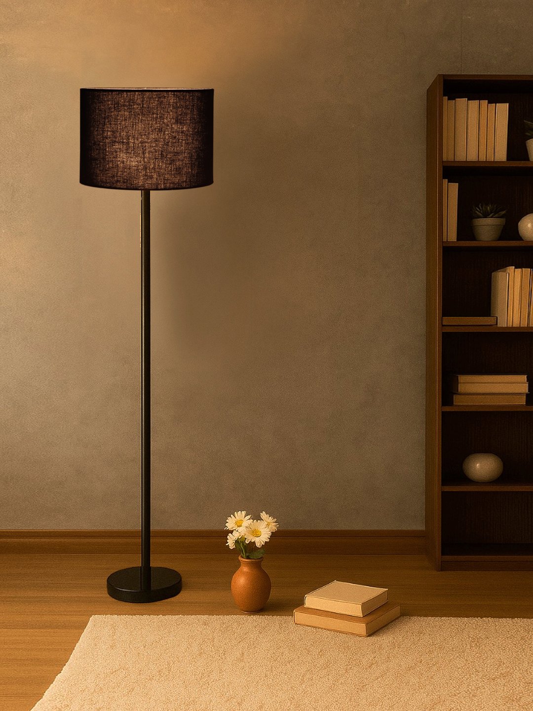 Ambika Home Black cotton Drum shade with floor lamp with wood base Decorative Floor Lamp for Living Room, Bedroom & Office - Image 4