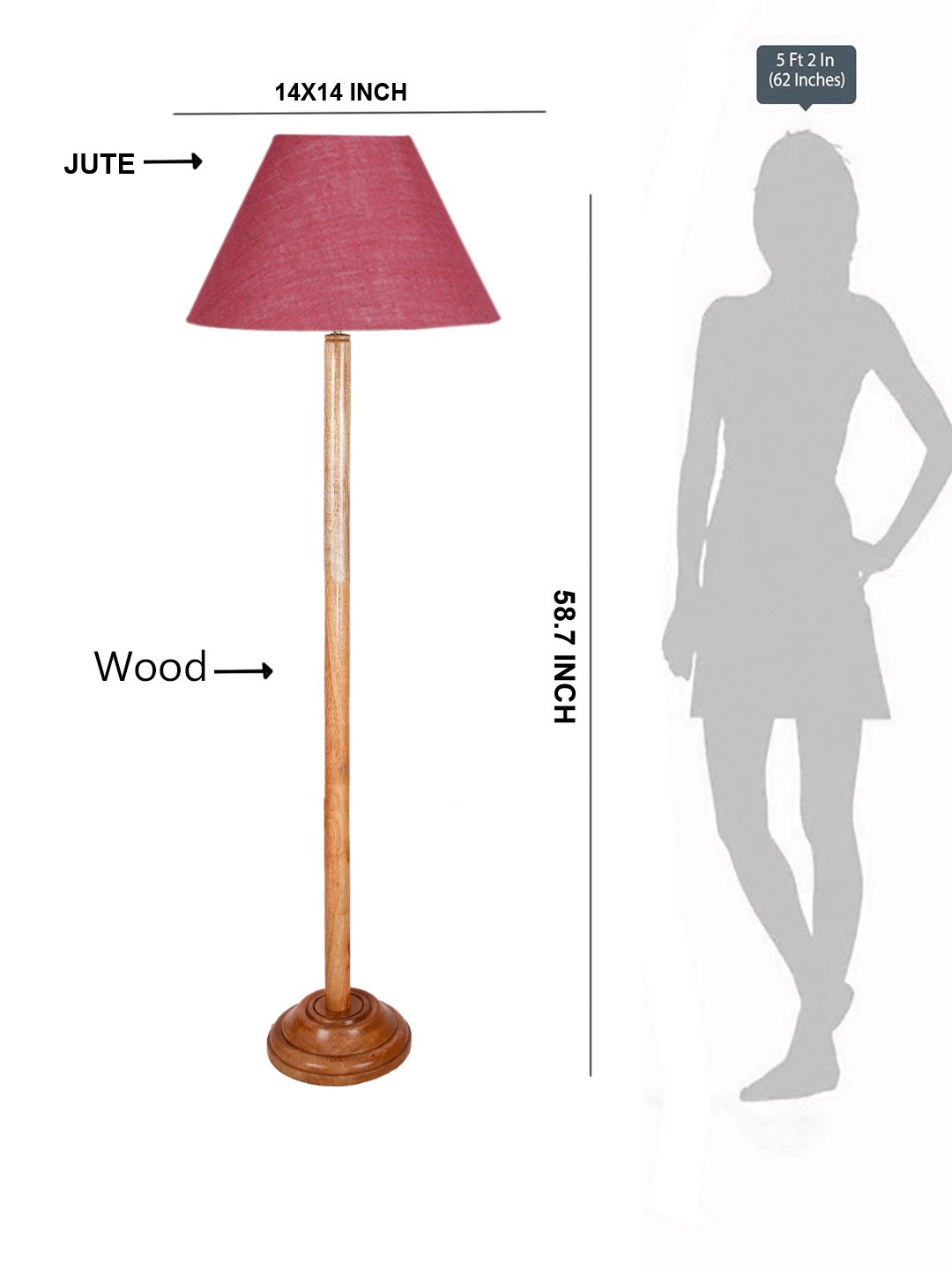 Ambika Home Pink Shade Wooden Floor Lamp for Living Room, Bedroom & Hallway | Premium Wood Standing Lamp | E27 Holder Included Bulb - Image 5