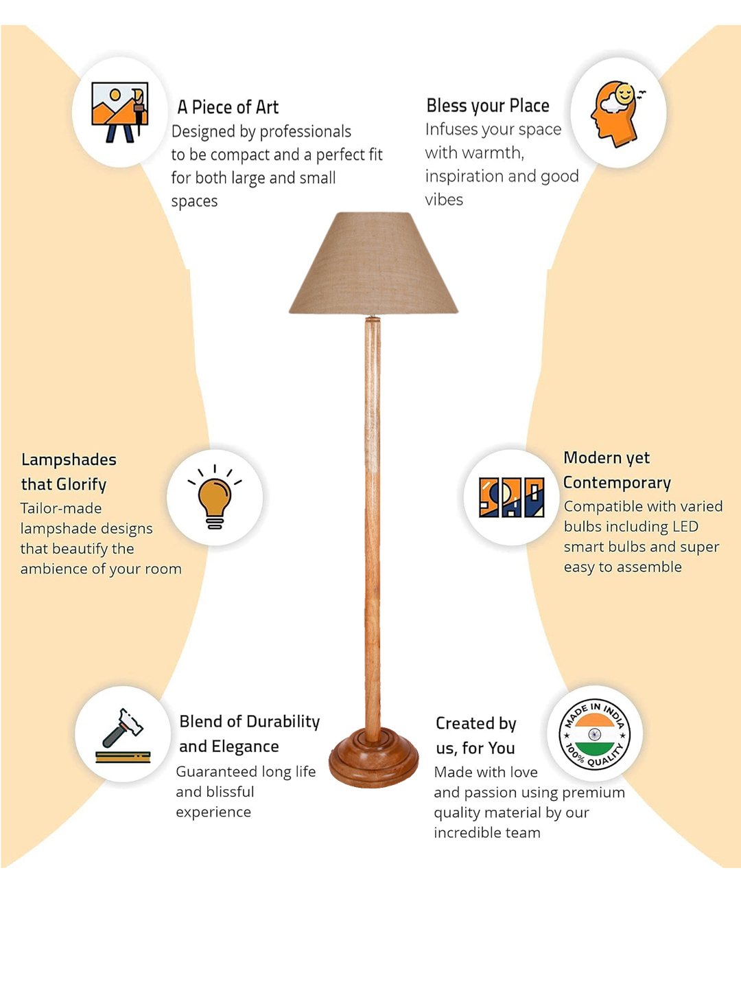 Ambika Home Beige Shade Wooden Floor Lamp for Living Room, Bedroom & Hallway | Premium Wood Standing Lamp | E27 Holder Included Bulb - Image 6