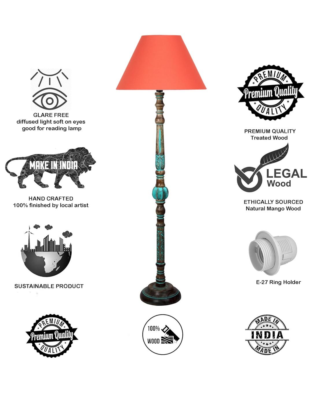 Ambika Home ORANGE Shade Wooden Floor Lamp for Living Room, Bedroom & Hallway | Modern Wood Standing Lamp | B22 Holder | Hotel & Guest Room Decor - Image 8
