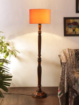 Ambika Home Designer Orange Cotton Premium Wooden Floor Lamp for Living Room & Bedroom | Handcrafted Wood Floor Lamp with Orange Cotton Shade for Living Room, Bedroom & Home Decor