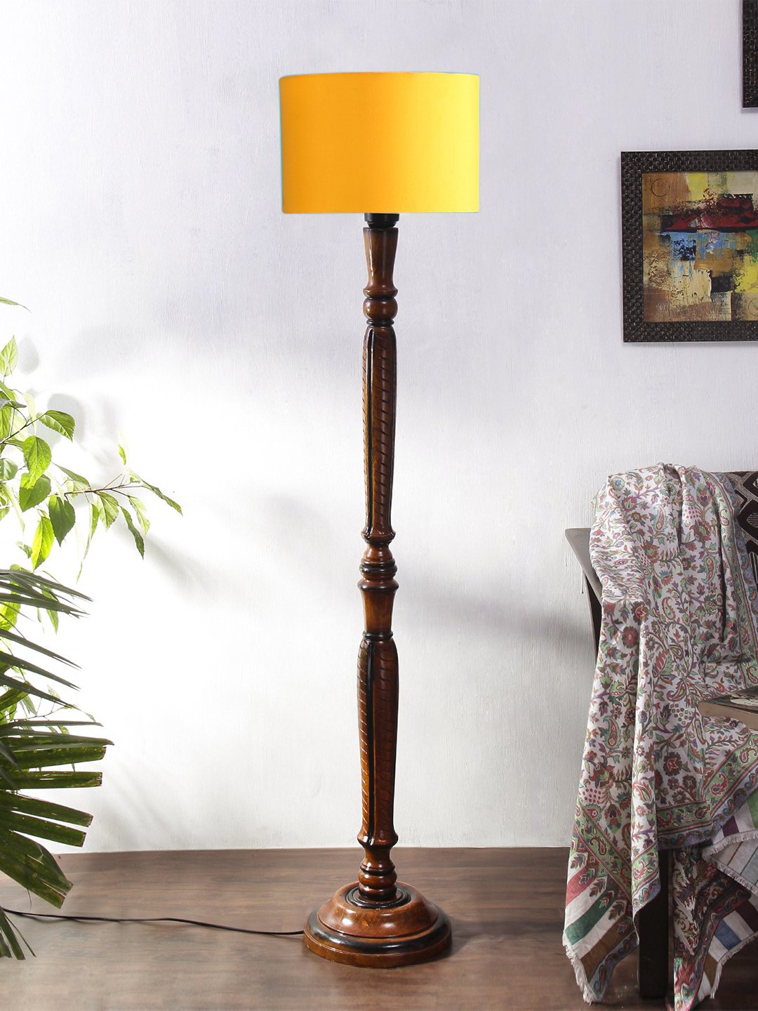 Ambika Home Sophisticated Yellow Cotton Solid Wood Floor Lamp for Living Room & Lounge | Handcrafted Wood Floor Lamp with Yellow Cotton Shade for Living Room, Bedroom & Home Decor - Image 3