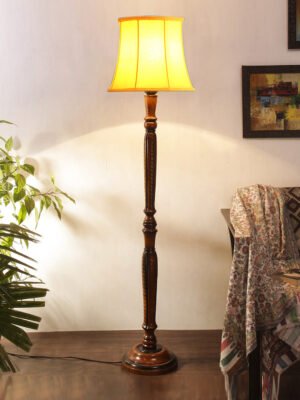 Ambika Home Premium Solid Wood  Cylindrical Yellow  Cotton  Floor Lamp for Elegant Living Room & Bedroom | Handcrafted Wood Floor Lamp with Off-white Cotton Shade for Living Room, Bedroom & Home Decor