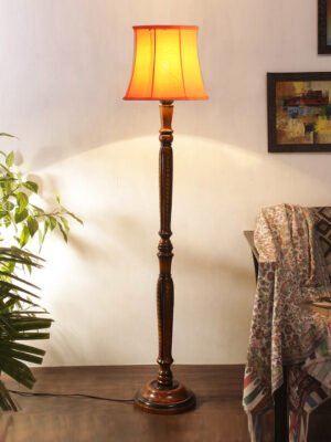 Ambika Home Premium Solid Wood Cylindrical Orange Cotton Floor Lamp for Elegant Living Room & Bedroom | Handcrafted Wood Floor Lamp with Off-white Cotton Shade for Living Room, Bedroom & Home Decor