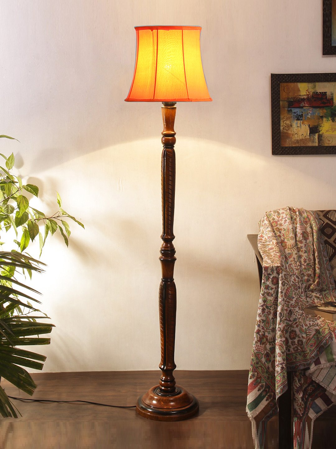 Ambika Home Premium Solid Wood Cylindrical Orange Cotton Floor Lamp for Elegant Living Room & Bedroom | Handcrafted Wood Floor Lamp with Off-white Cotton Shade for Living Room, Bedroom & Home Decor