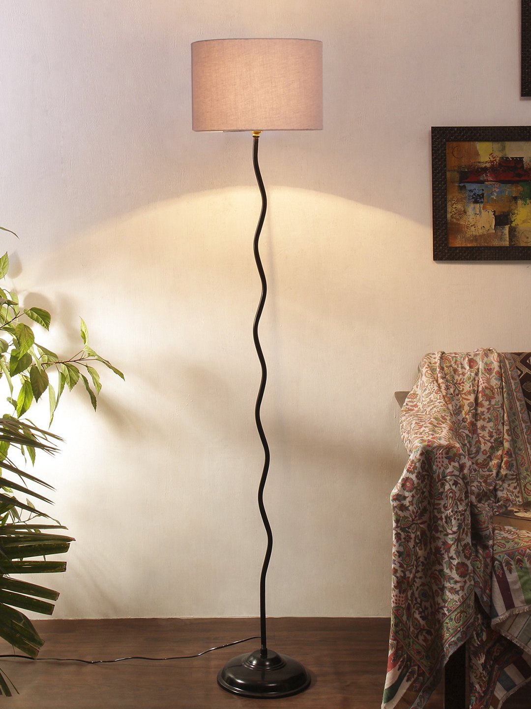 Ambika Home Grey Cotton Zig Zag Floor Lamp | Modern Standing Lamp for Living Room, Bedroom & Home Decor