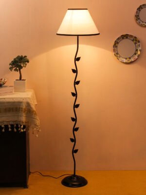 Ambika Home Iron Leaf Floor Lamp with White & Black Conical Shade, Powder Coated Metal Standing Lamp for Hotel Lobby, Living Room & Luxury Interiors