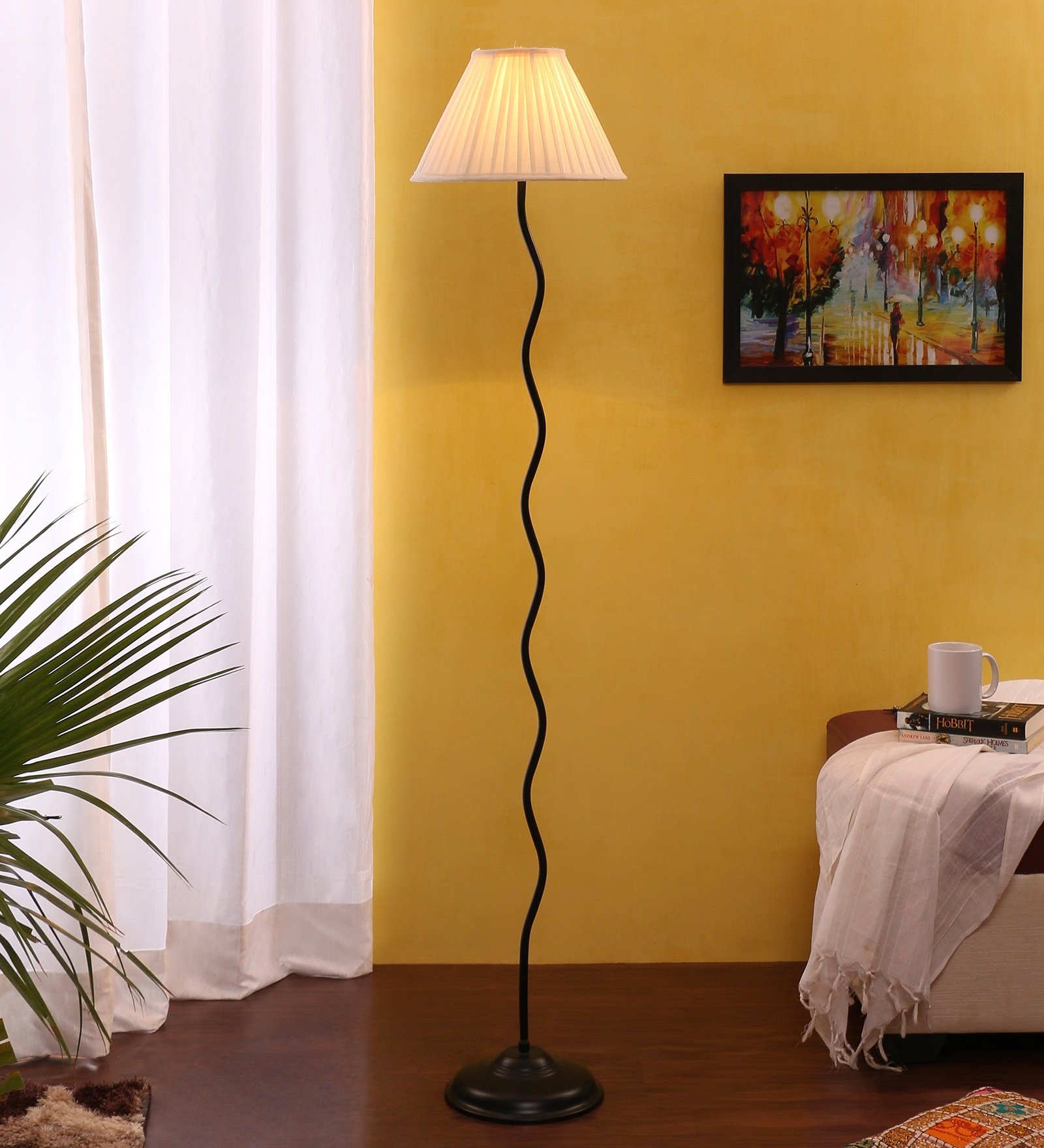 Ambika Home Off-white Cotton Zig Zag Floor Lamp | Modern Standing Lamp for Living Room, Bedroom & Home Decor