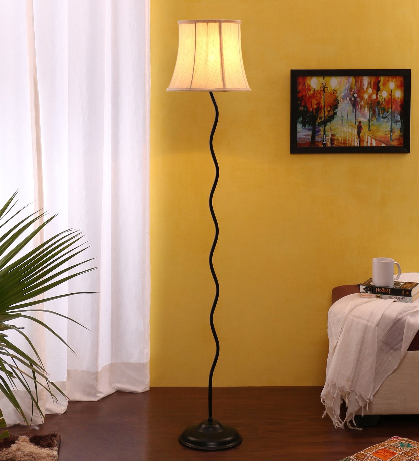 Ambika Home Off-white Cotton Zig Zag Floor Lamp | Modern Standing Lamp for Living Room, Bedroom & Home Decor