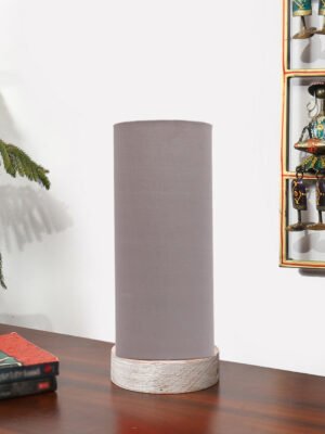 Ambika Home Wooden Table Lamp | White Brushed  Wood Base | Grey  Cotton  Shade | Bedside Lamp for Bedroom, Living Room, Office, Hotel | E27 Holder
