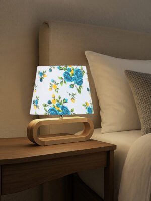 Ambika Home Multicolor cotton Oval Table Lamp with Natural Wood Base | Bedside, Living Room & Study Lamp | E27 Compatible