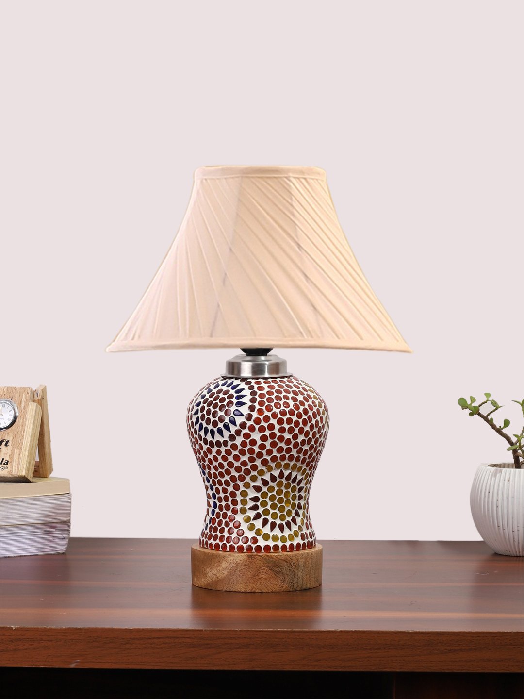 Ambika Home off-white Cotton Mosaic Glass Table Lamp | Decorative Bedside Lamp for Bedroom, Living Room, Hall, Hotel, Café, Restaurant, Office & Study Room | E27 Compatible