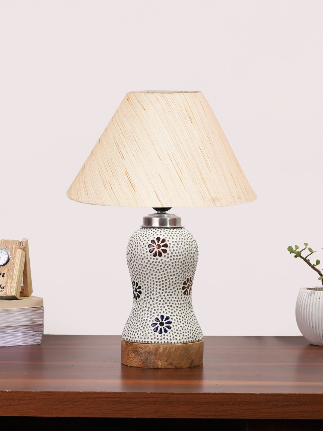 Ambika Home off-white Cotton Mosaic Glass Table Lamp | Decorative Bedside Lamp for Bedroom, Living Room, Hall, Hotel, Café, Restaurant, Office & Study Room | E27 Compatible