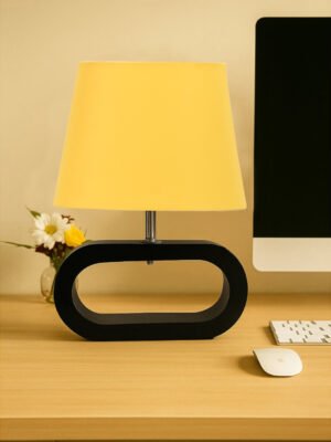 Ambika Home Yellow cotton Oval Table Lamp with Black Wood Base | Bedside, Living Room & Study Lamp | E27 Compatible