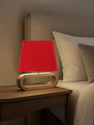 Ambika Home Red cotton Oval Table Lamp with Natural Wood Base | Bedside, Living Room & Study Lamp | E27 Compatible