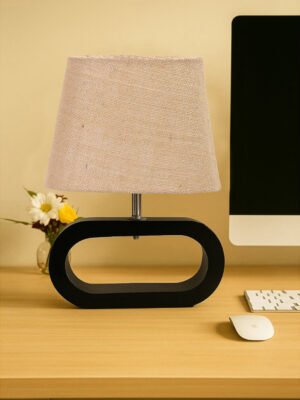 Ambika Home Beige Jute Oval Table Lamp with Black Wood Base | Bedside, Living Room & Study Lamp | E27 Compatible