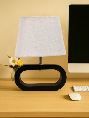 Ambika Home White Jute Oval Table Lamp with Black Wood Base | Bedside, Living Room & Study Lamp | E27 Compatible