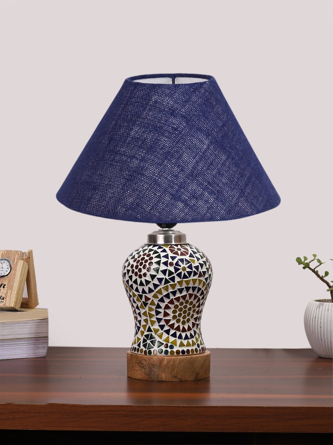 Ambika Home Blue Jute Mosaic Glass Table Lamp | Decorative Bedside Lamp for Bedroom, Living Room, Hall, Hotel, Café, Restaurant, Office & Study Room | E27 Compatible