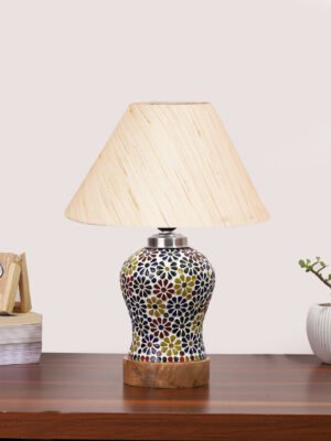 Ambika Home off-white Cotton Mosaic Glass Table Lamp | Decorative Bedside Lamp for Bedroom, Living Room, Hall, Hotel, Café, Restaurant, Office & Study Room | E27 Compatible