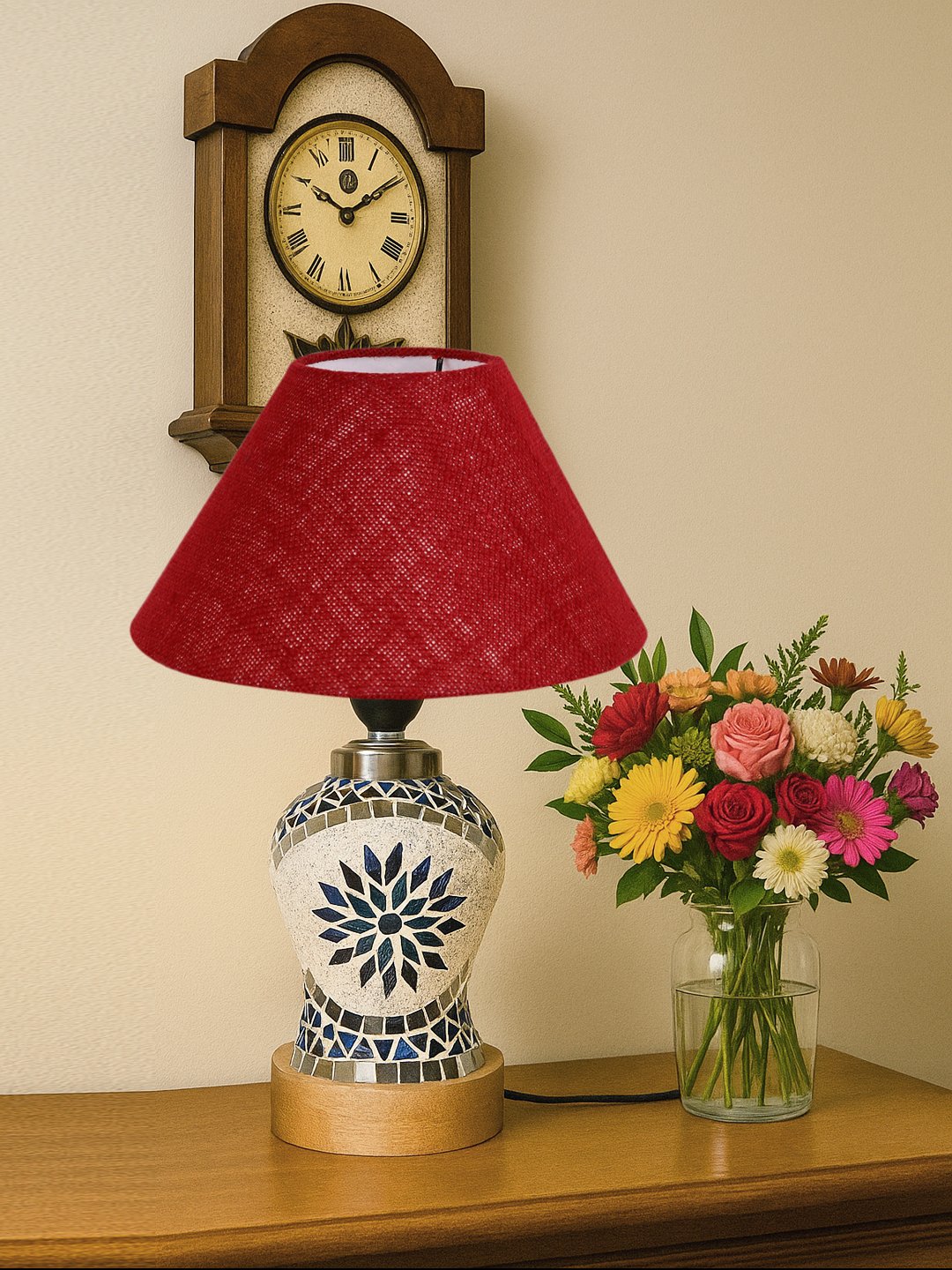 Ambika Home Maroon Jute Mosaic Glass Table Lamp | Decorative Bedside Lamp for Bedroom, Living Room, Hall, Hotel, Café, Restaurant, Office & Study Room | E27 Compatible