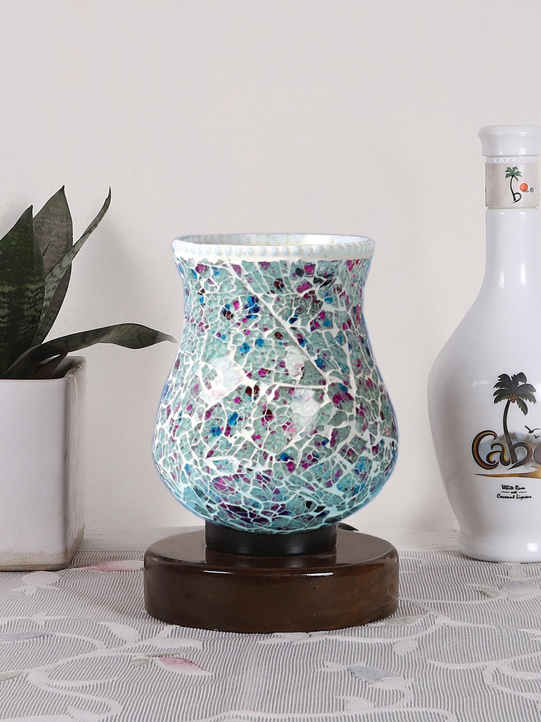 Ambika Home Elara Mosaic Multicolor Mosaic Glass Table Lamp with Wooden Base | Premium Bedside Lamp for Bedroom, Living Room, Hall, Hotel, Café, Restaurant & Office | E27 Compatible