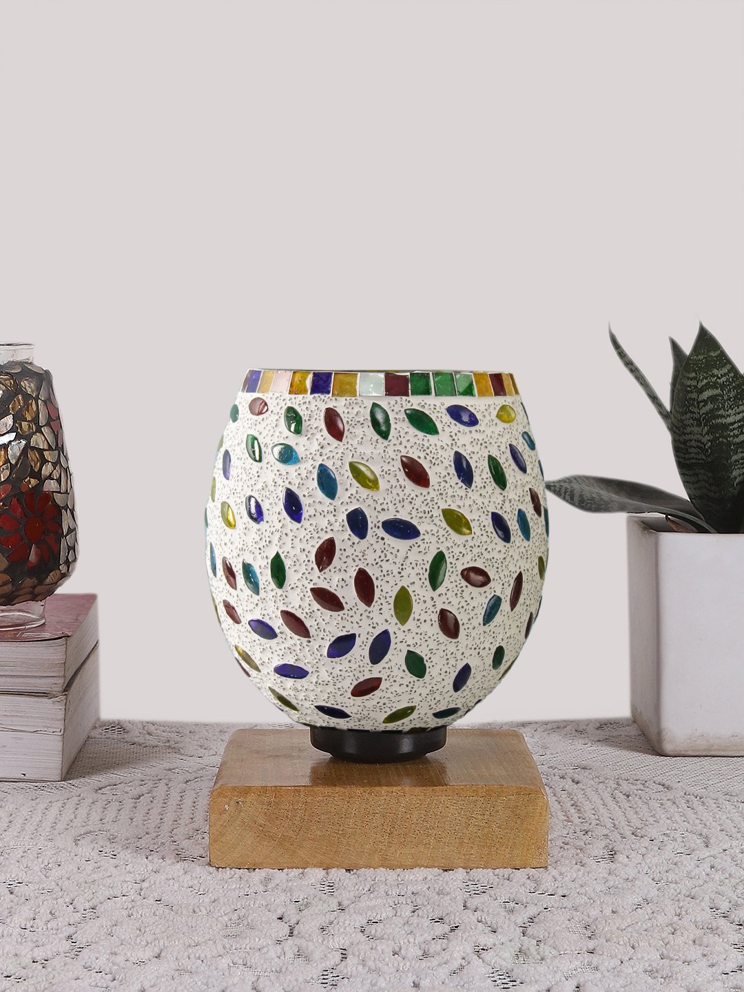 Ambika Home Artisan Mosaic Multicolor Mosaic Glass Table Lamp with Wooden Base | Premium Bedside Lamp for Bedroom, Living Room, Hall, Hotel, Café, Restaurant & Office | E27 Compatible