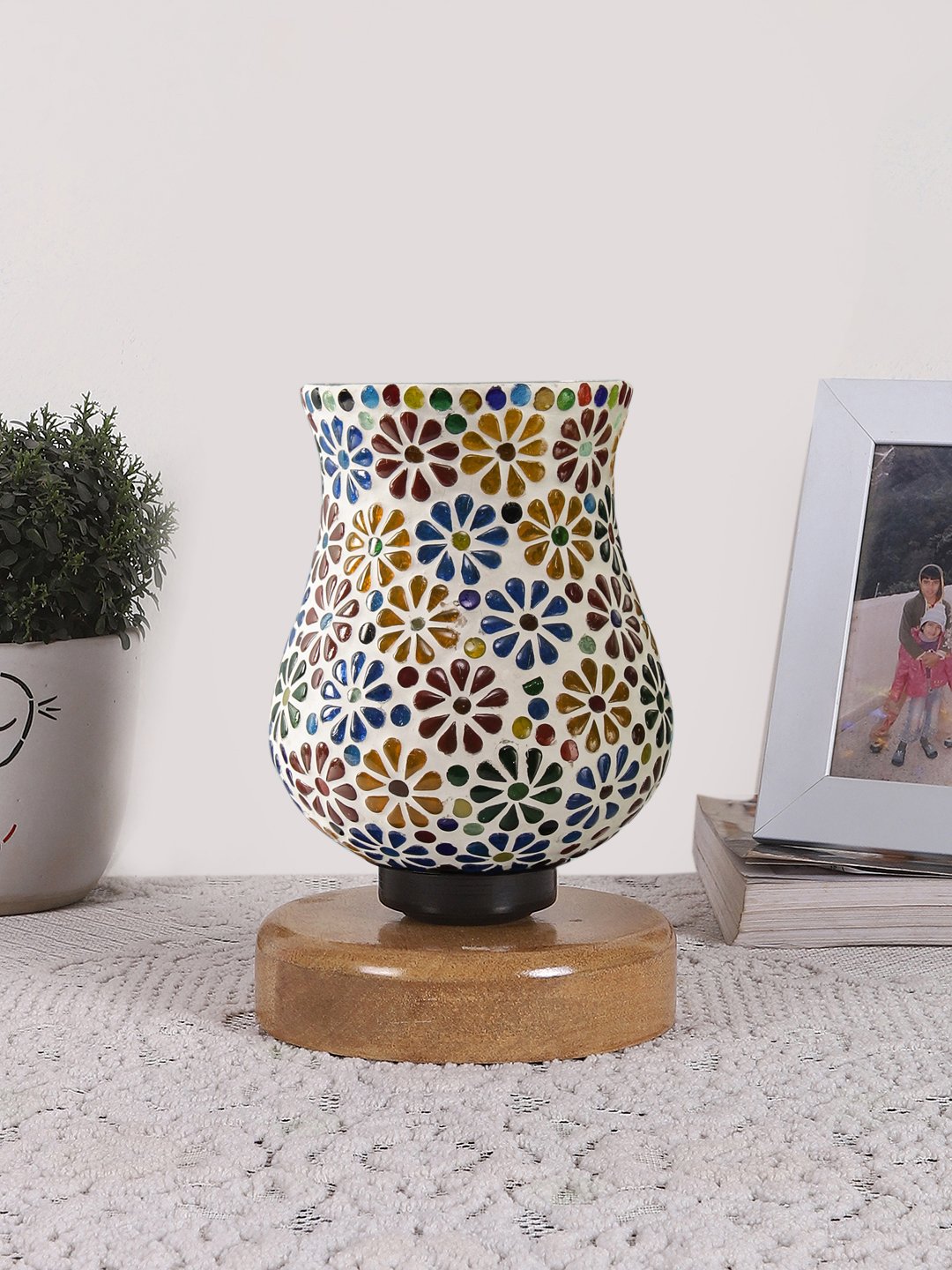 Ambika Home Verona Mosaic Multicolor Mosaic Glass Table Lamp with Wooden Base | Premium Bedside Lamp for Bedroom, Living Room, Hall, Hotel, Café, Restaurant & Office | E27 Compatible