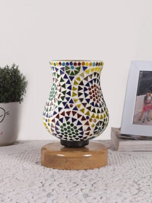 Ambika Home Aurora Mosaic Multicolor Mosaic Glass Table Lamp with Wooden Base | Premium Bedside Lamp for Bedroom, Living Room, Hall, Hotel, Café, Restaurant & Office | E27 Compatible