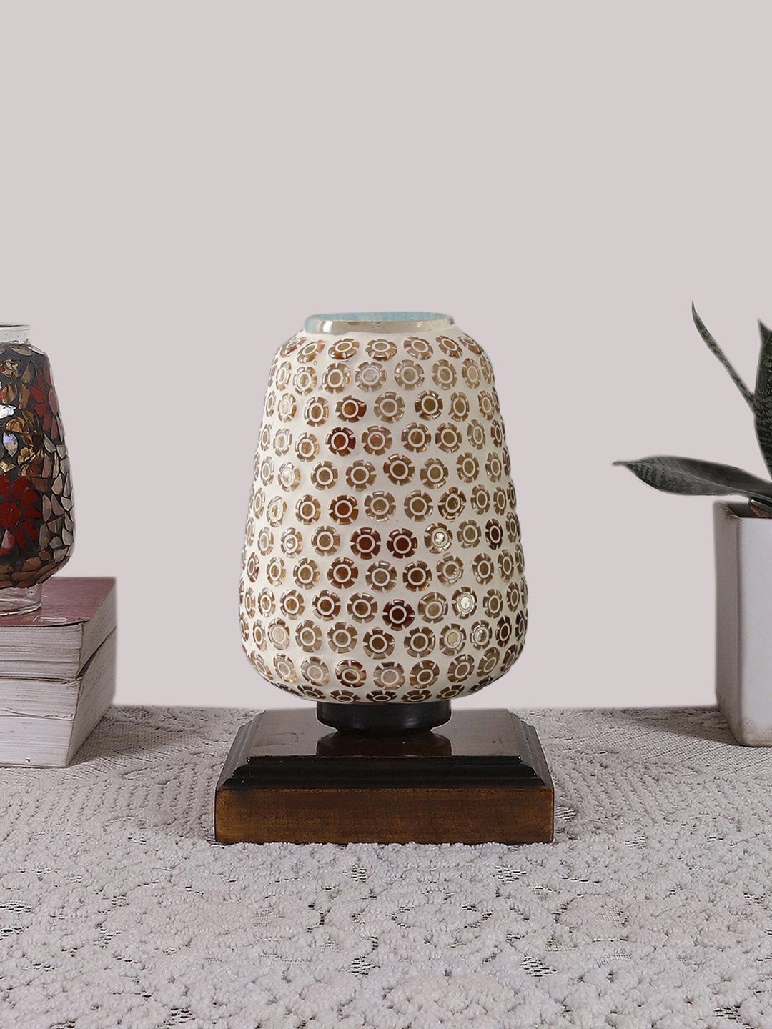 Ambika Home Nordic Mosaic Multicolor Mosaic Glass Table Lamp with Wooden Base | Premium Bedside Lamp for Bedroom, Living Room, Hall, Hotel, Café, Restaurant & Office | E27 Compatible