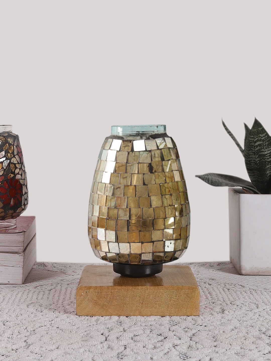Ambika Home Bohemia Mosaic Multicolor Mosaic Glass Table Lamp with Wooden Base | Premium Bedside Lamp for Bedroom, Living Room, Hall, Hotel, Café, Restaurant & Office | E27 Compatible