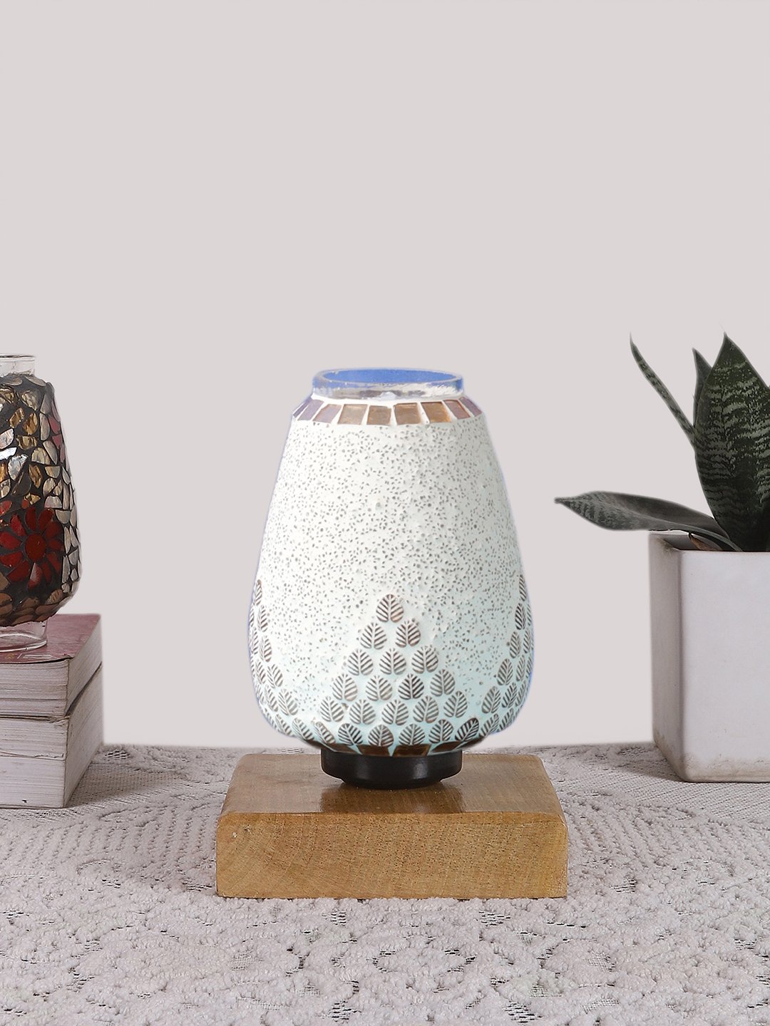 Ambika Home Nordic Mosaic Multicolor Mosaic Glass Table Lamp with Wooden Base | Premium Bedside Lamp for Bedroom, Living Room, Hall, Hotel, Café, Restaurant & Office | E27 Compatible