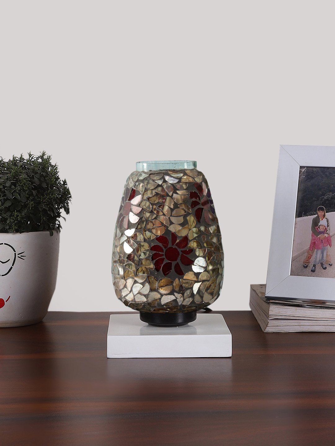 Ambika Home Nordic Mosaic Multicolor Mosaic Glass Table Lamp with Wooden Base | Premium Bedside Lamp for Bedroom, Living Room, Hall, Hotel, Café, Restaurant & Office | E27 Compatible