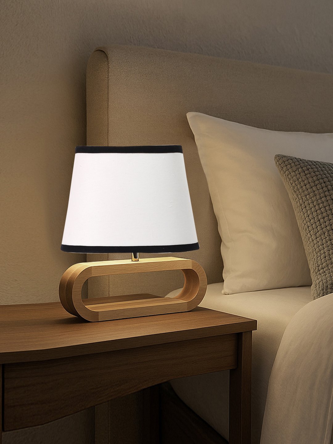 Ambika Home Multicolor cotton Oval Table Lamp with Natural Wood Base | Bedside, Living Room & Study Lamp | E27 Compatible
