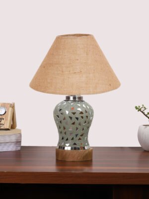 Ambika Home Beige Jute Mosaic Glass Table Lamp | Decorative Bedside Lamp for Bedroom, Living Room, Hall, Hotel, Café, Restaurant, Office & Study Room | E27 Compatible
